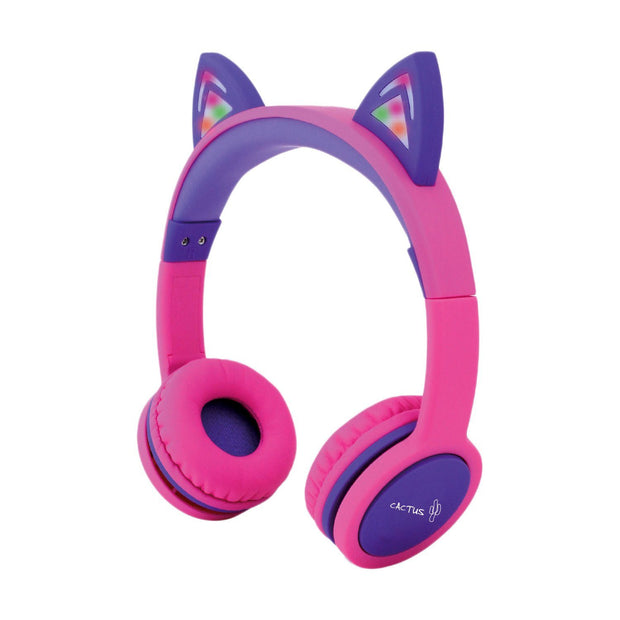 Kids Wired On-Ear Headphones - Cat Ear Light-up Headband Childrens Earphones - Pink/Purple Headphones Cactus Watches 